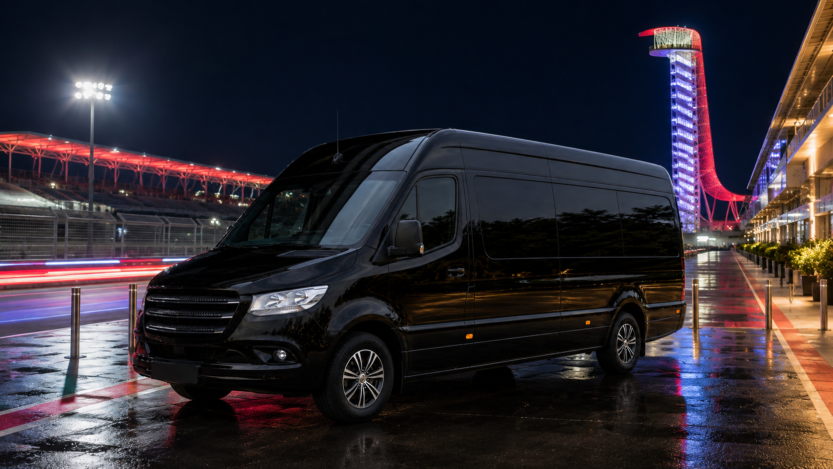 Black luxury sprinter van for Formula 1 Austin group transportation