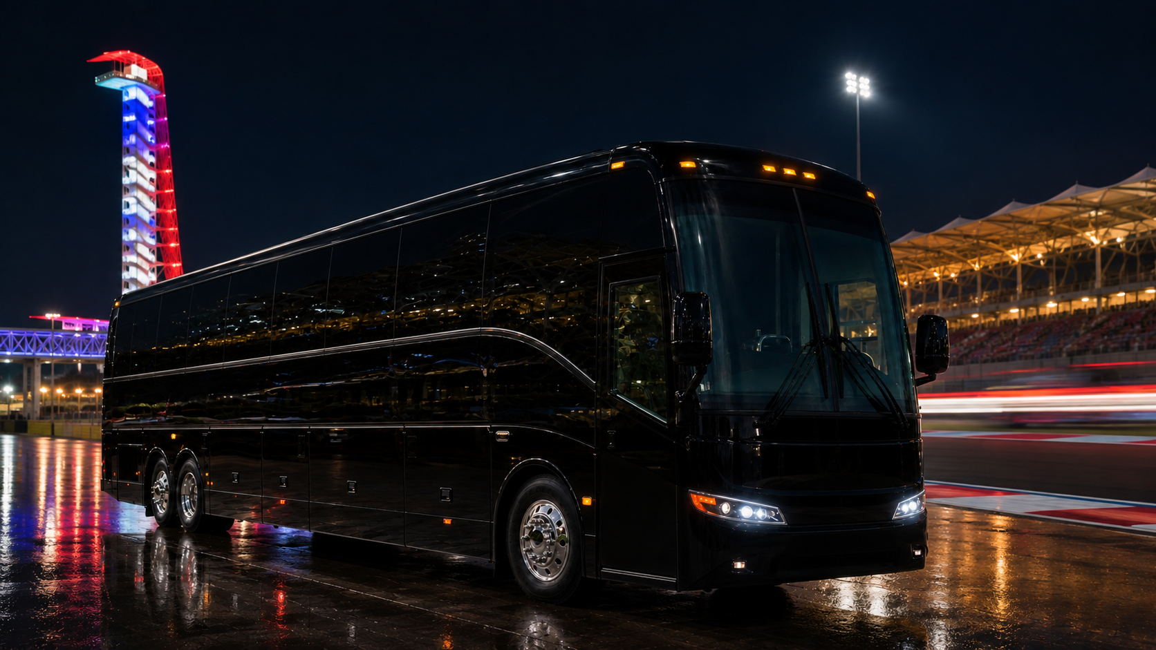 Black motor coach bus for Formula 1 Austin group transportation