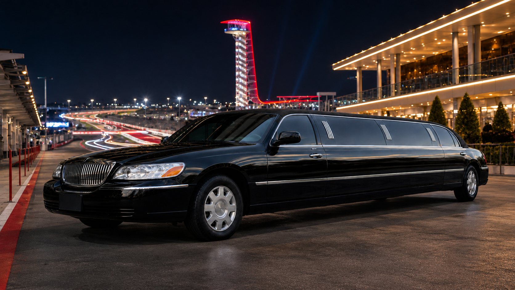 Black stretch limousine for Austin Formula 1 events