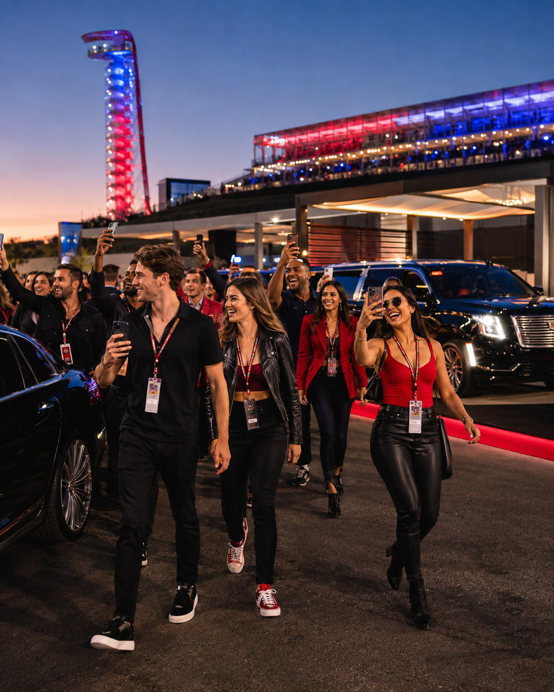 Formula 1 fans arriving at Circuit of The Americas with luxury vehicles